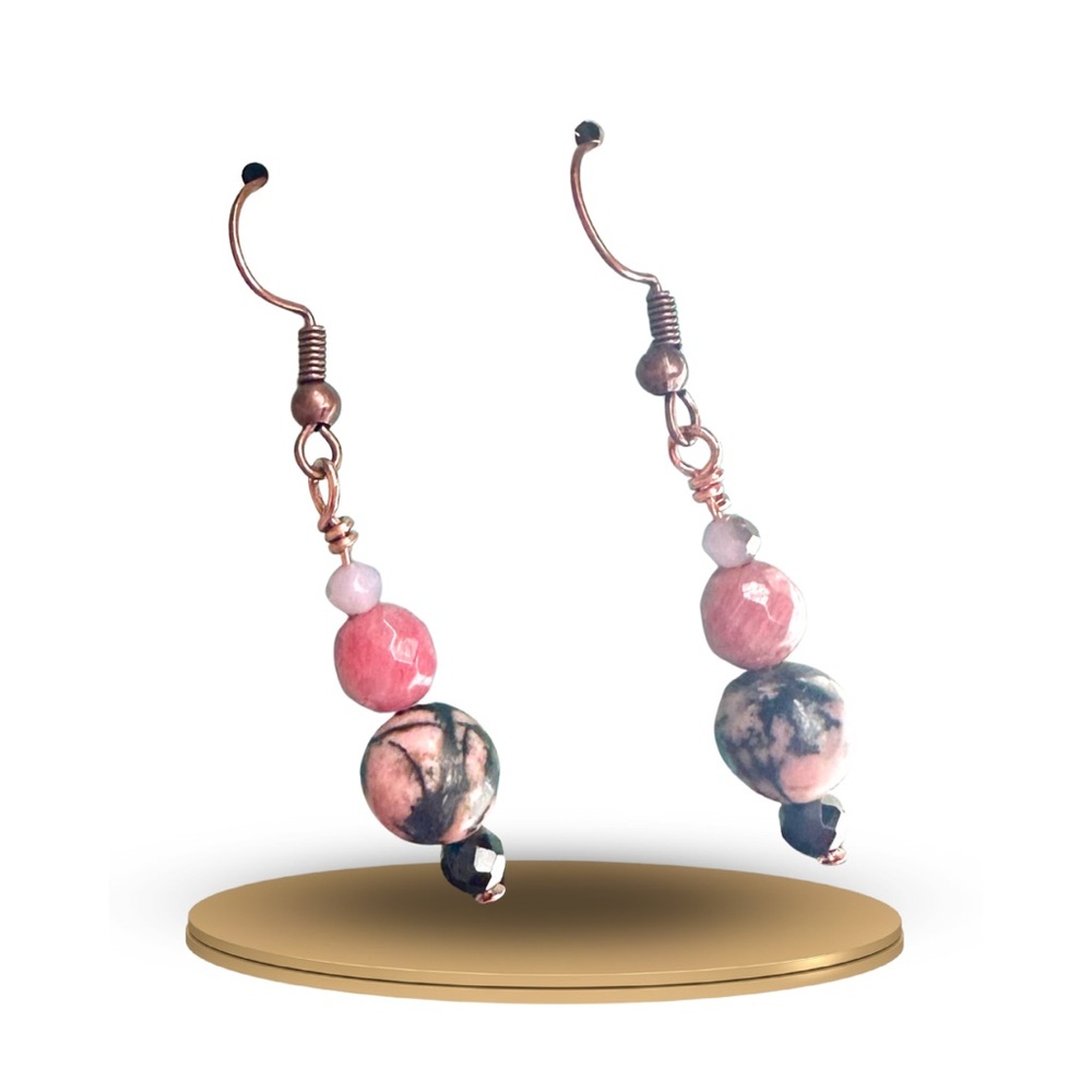 Enchanting Hand Crafted Black Tourmaline & Rhodonite Copper Dangle Earrings